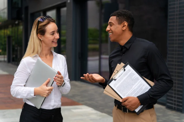 Profissional de recolocação profissional conversando com um candidato ao lado de um prédio, com um laptop e documentos em mãos.