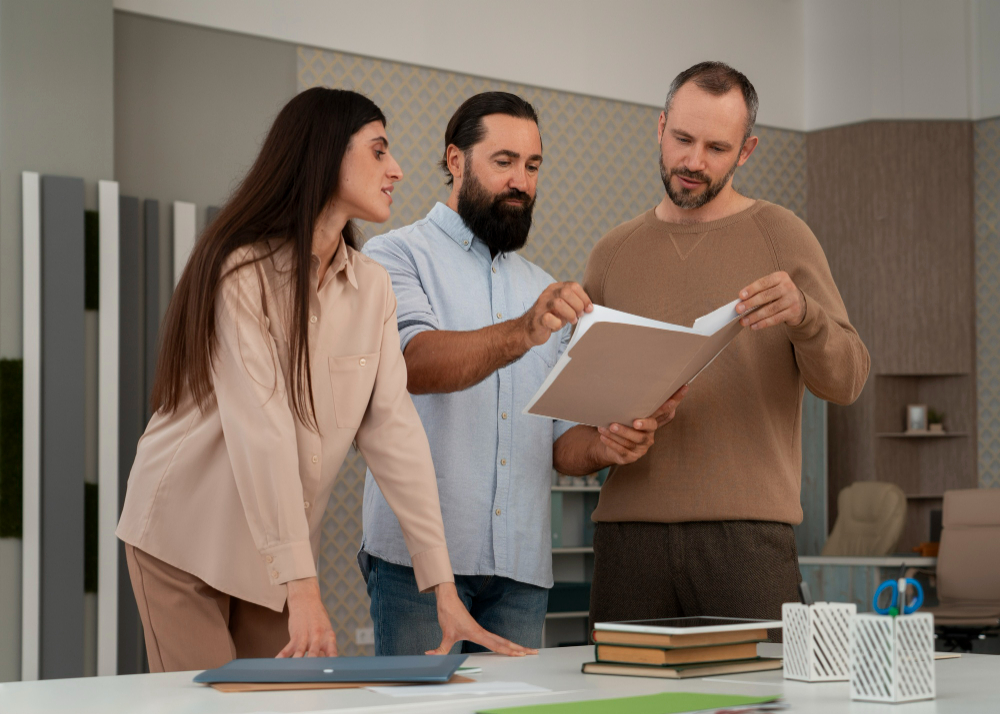 Equipe discutindo ideias de headhunters para busca de talentos em reunião de trabalho.