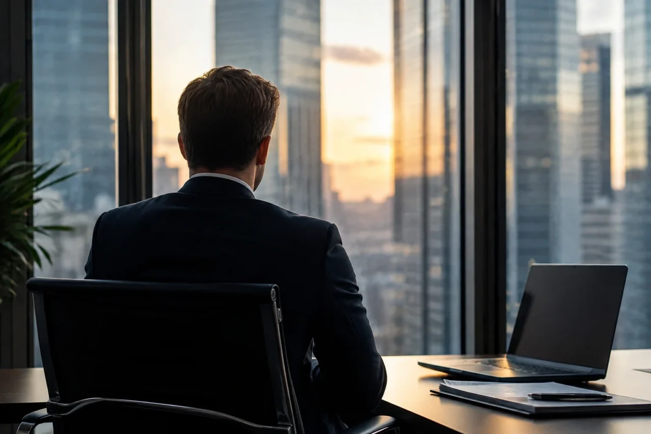 Executivo sentado em escritório diante de uma janela com vista para prédios de uma grande cidade ao entardecer analisando dados de remuneração média.