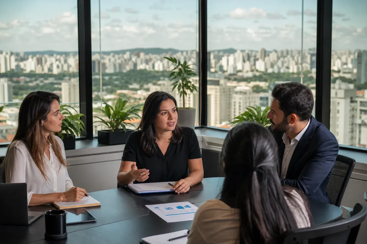 Consultores de RH em reunião discutindo estratégias de gestão de talentos