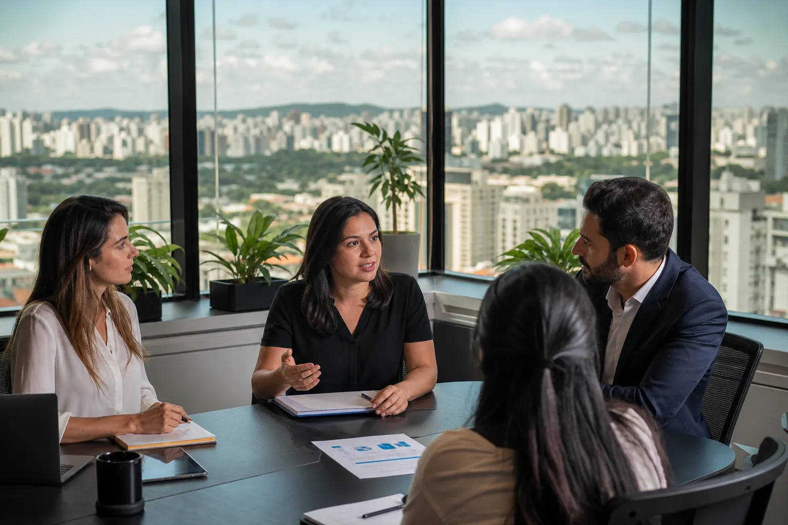 Consultores de RH em reunião discutindo estratégias de gestão de talentos