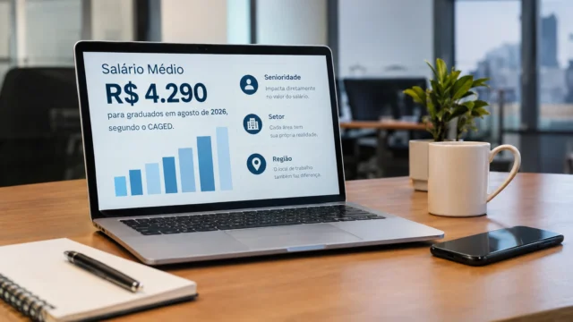 notebook aberto em mesa de empresa mostrando a média salarial ao longo dos anos