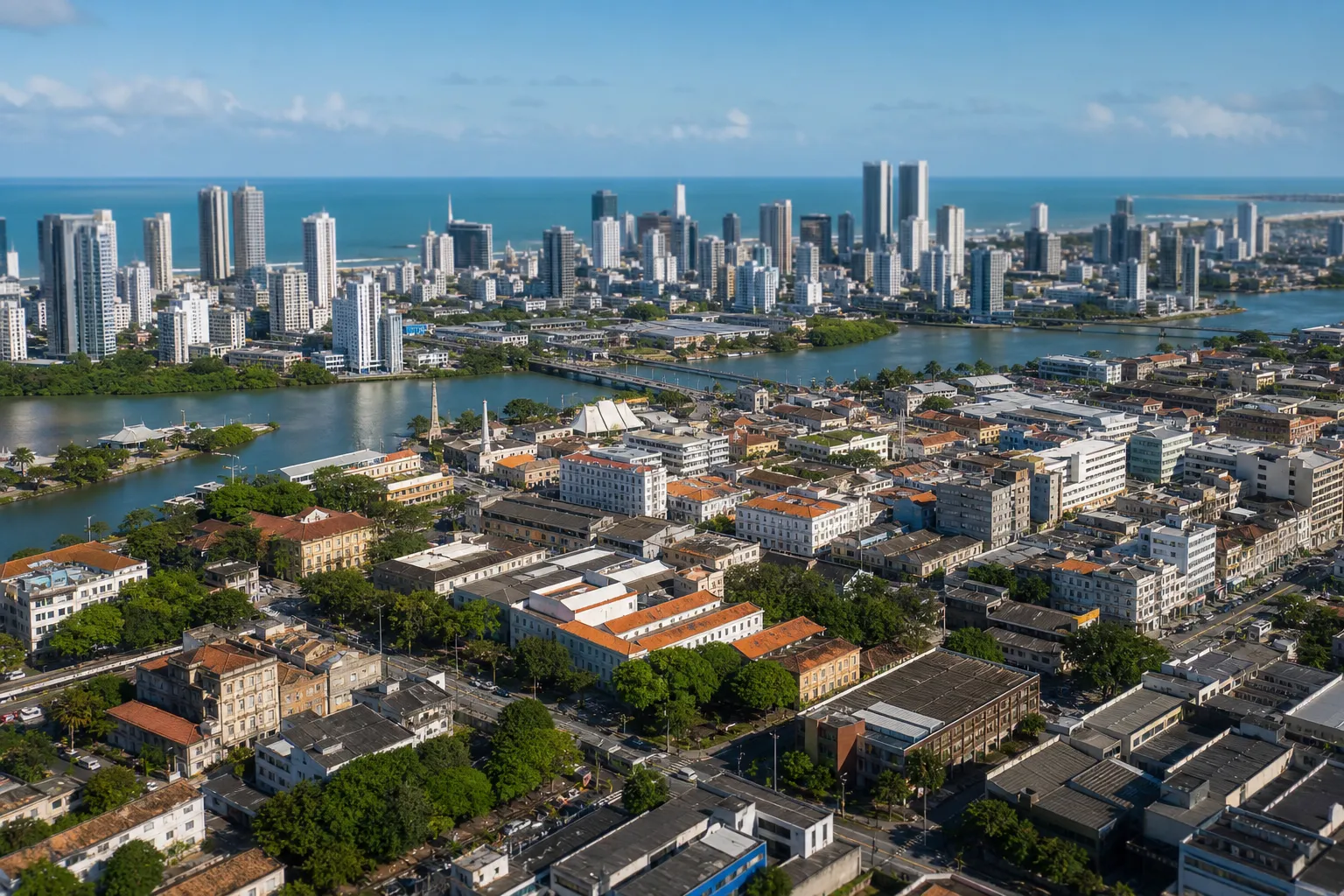 Vista aérea do Recife com prédios comerciais e o Porto Digital ao fundo