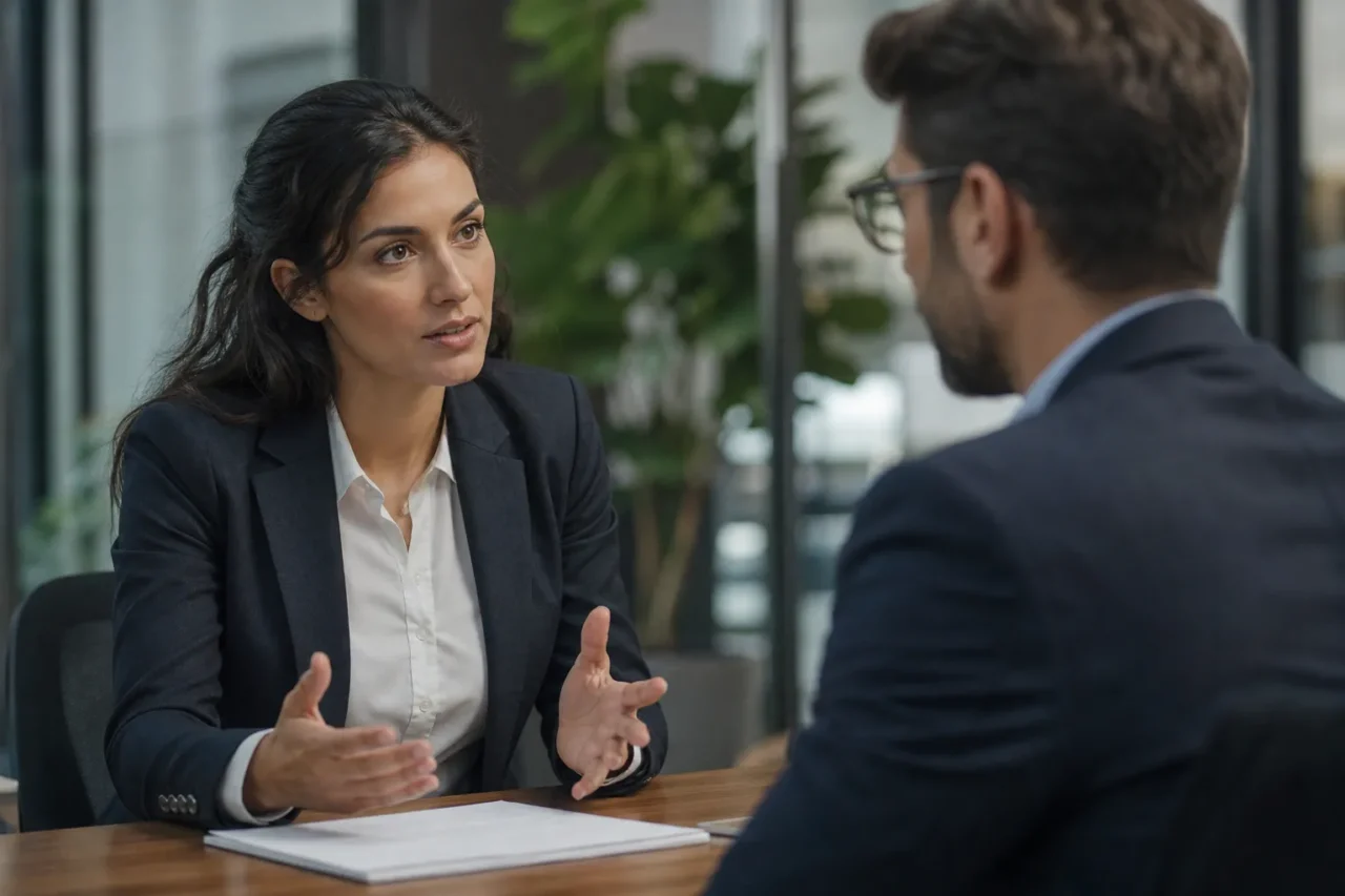 Consultor conversando com executivo em escritório moderno